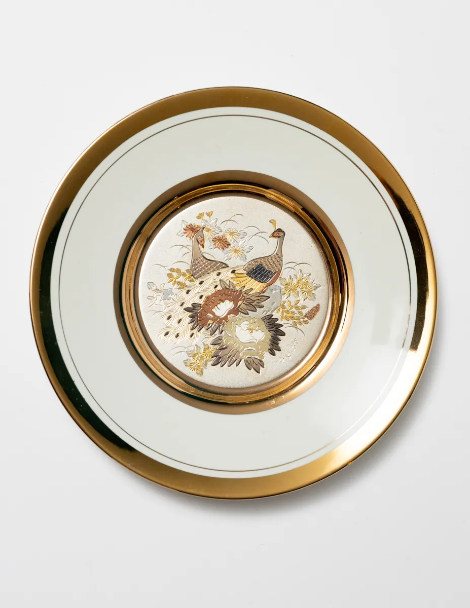 Cream Plate with Gold Rim Guilded with Gold and Silver Peacocks