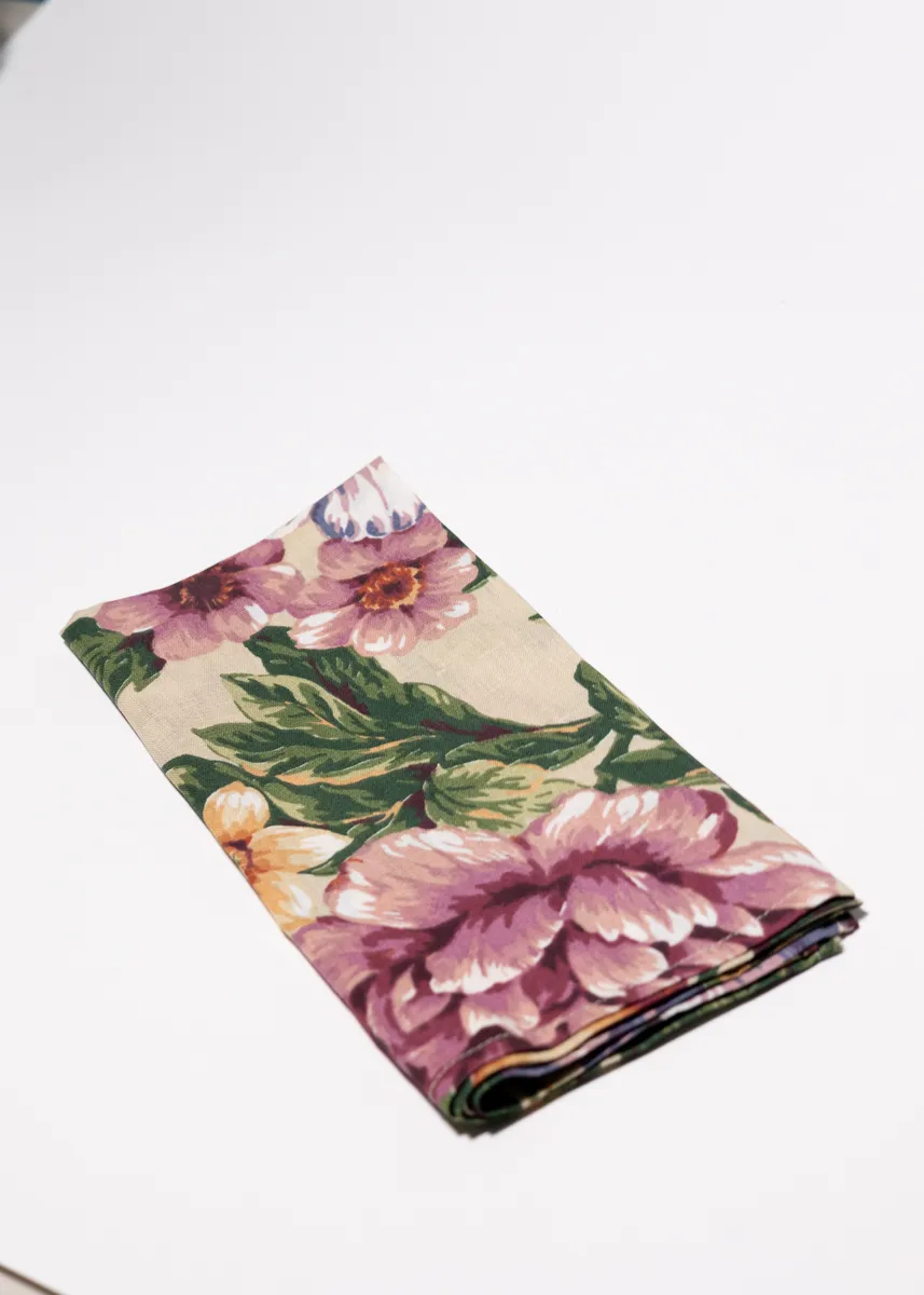 Single Beige Floral Napkin Large Pink and Purple Flowers and Apples and Oranges.