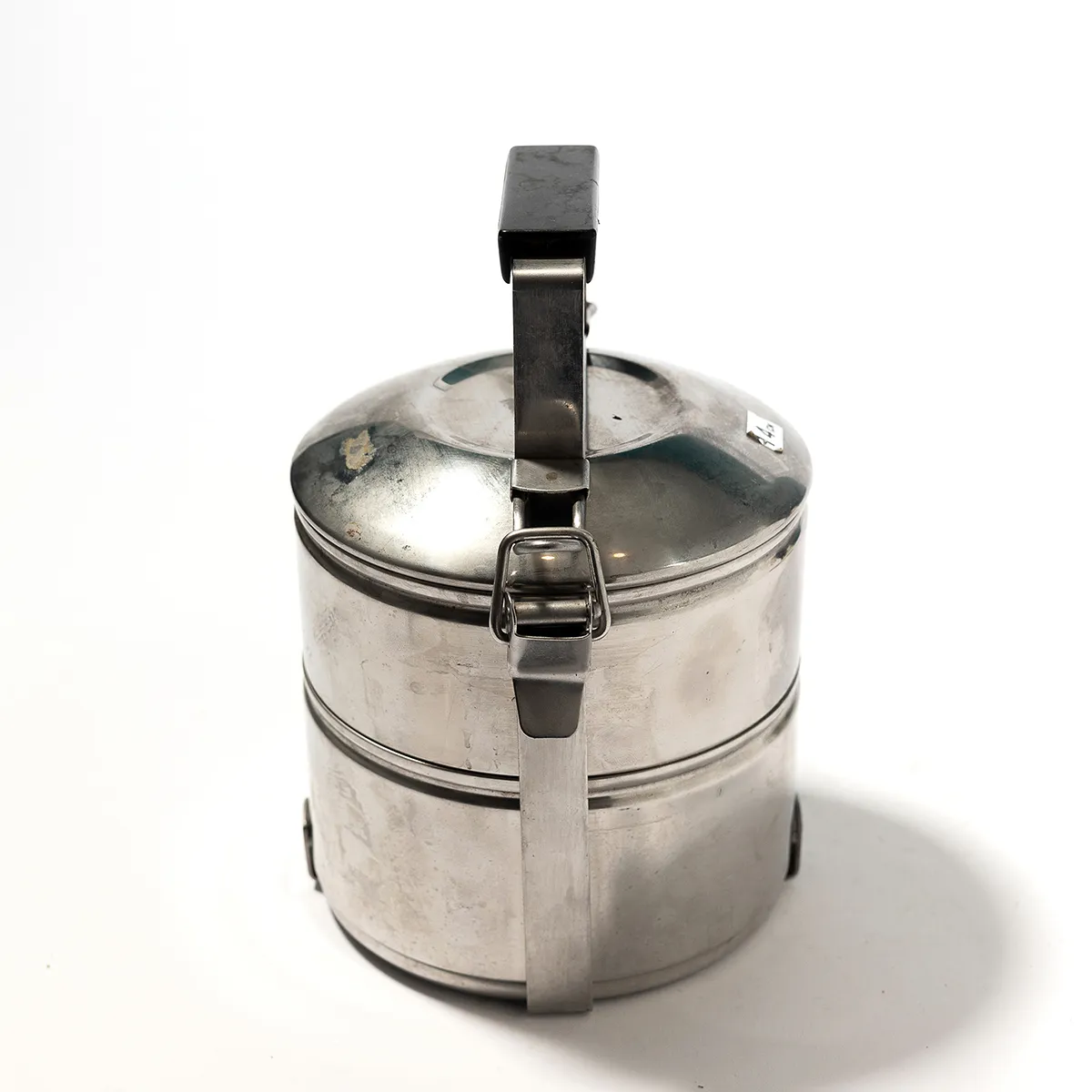 Two 2 Tiered Tiffin Box Silver Metal Mess Kit with Black Bakelite Handle - 8.5" x 5.5"