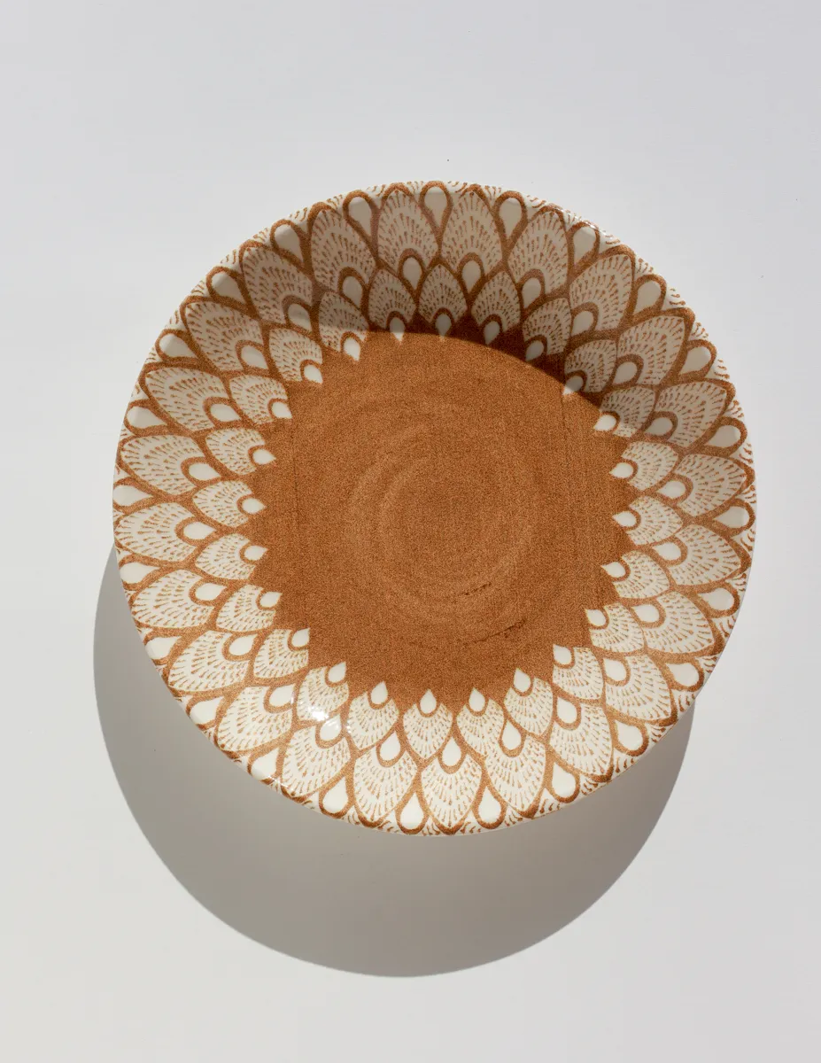 Beige, Tan and White Feather Painted Extra Large Bowl