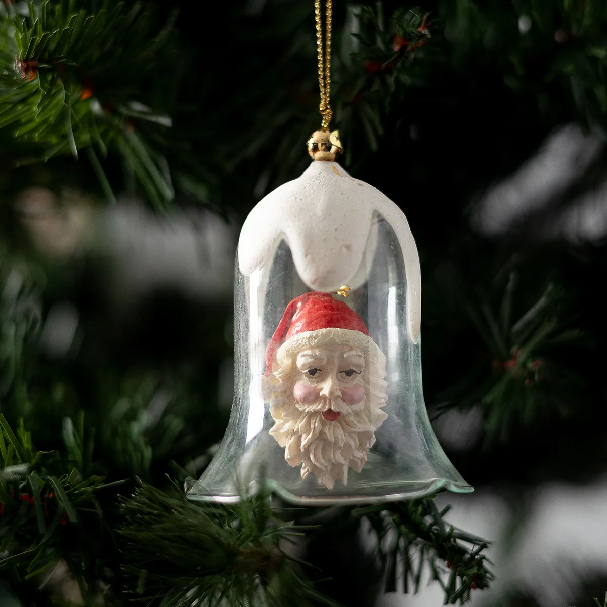 Clear Christmas Bell with dripping white snow on top, Ceramic Santa Face in the center