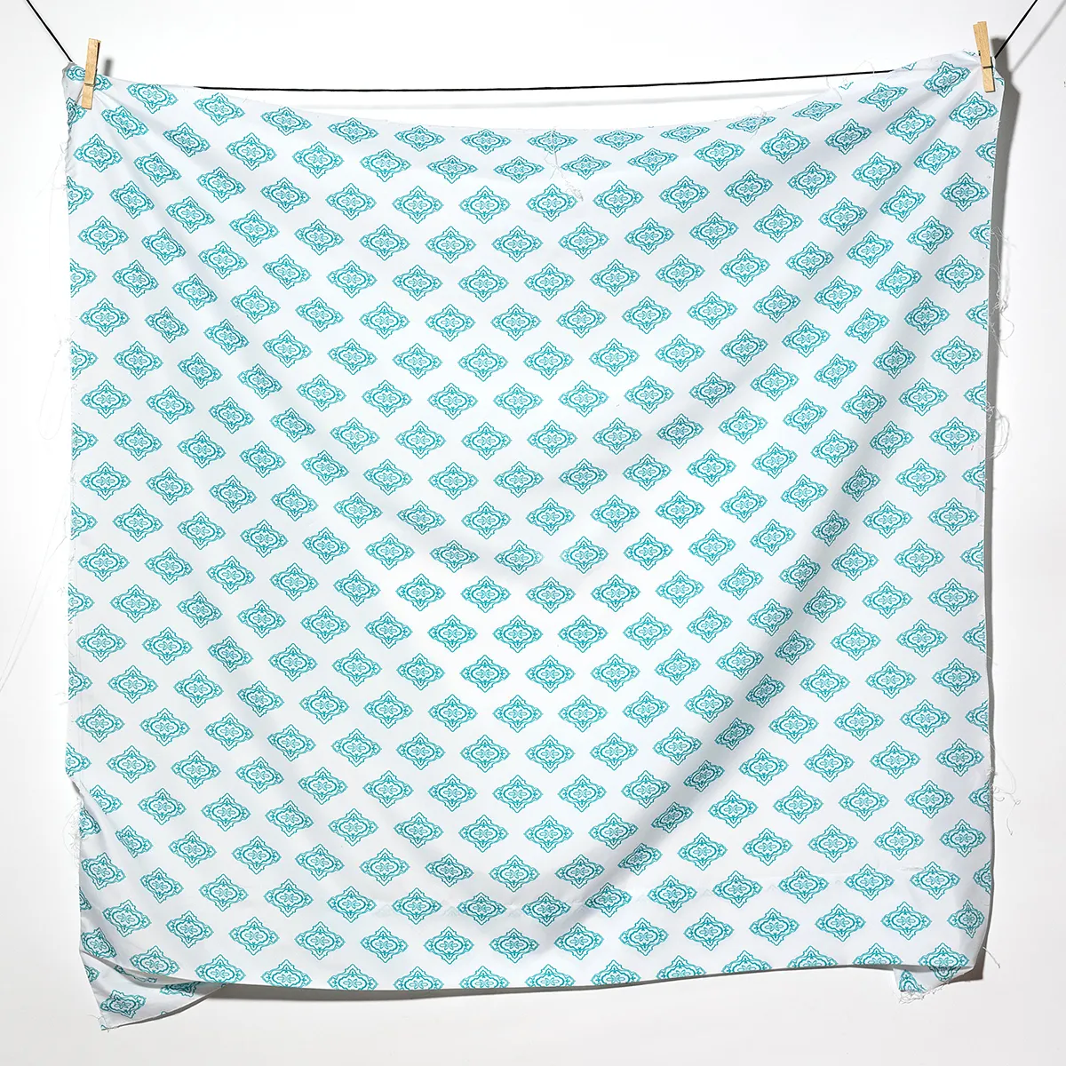 Kitchen Soft Goods: Fabric Surface, White with Turquoise printed medallion  - 