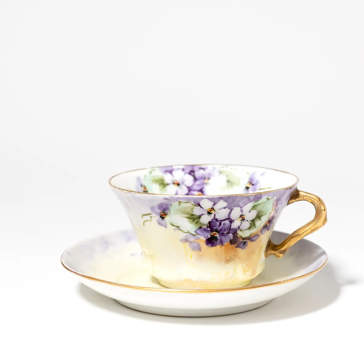 Vintage Tea Cup and Saucer with Violets Purple Flowers Gold Trim