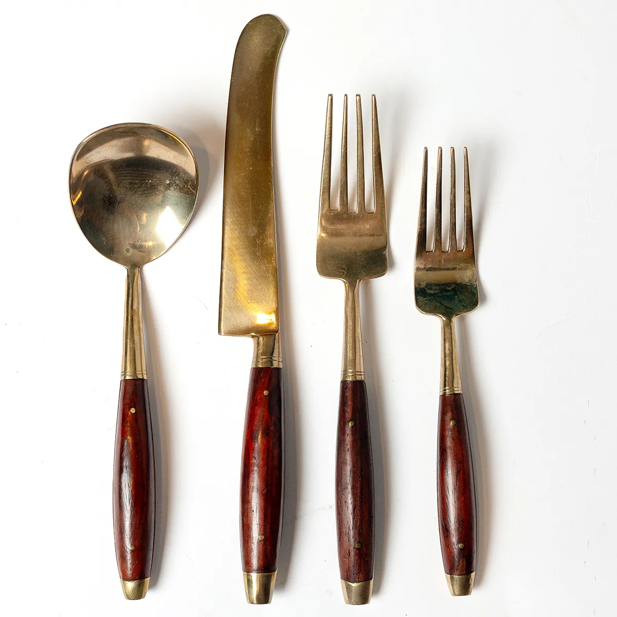 Mid Century Modern MCM Thai Bronze and Teak Silverware 12 piece Place Setting, Includes, Butter Knife, Dinner and Salad forks, Soup Spoon