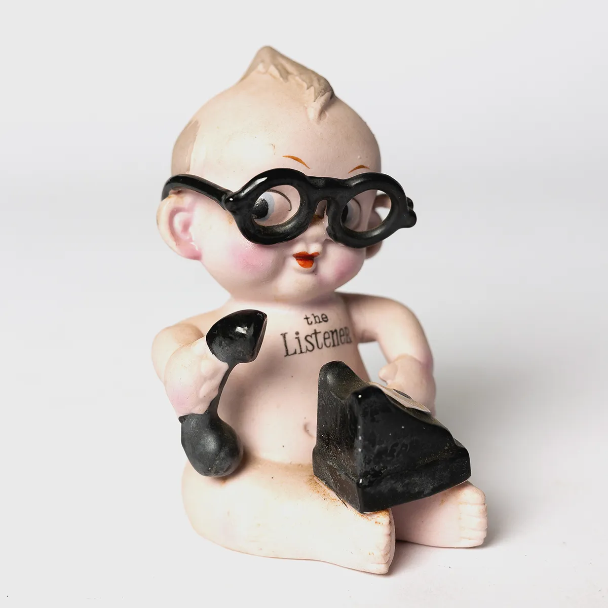 Vintage Kewpie Doll Bisque Figurine "The Listener" Ceramic 1950s baby with black glasses on the phone 