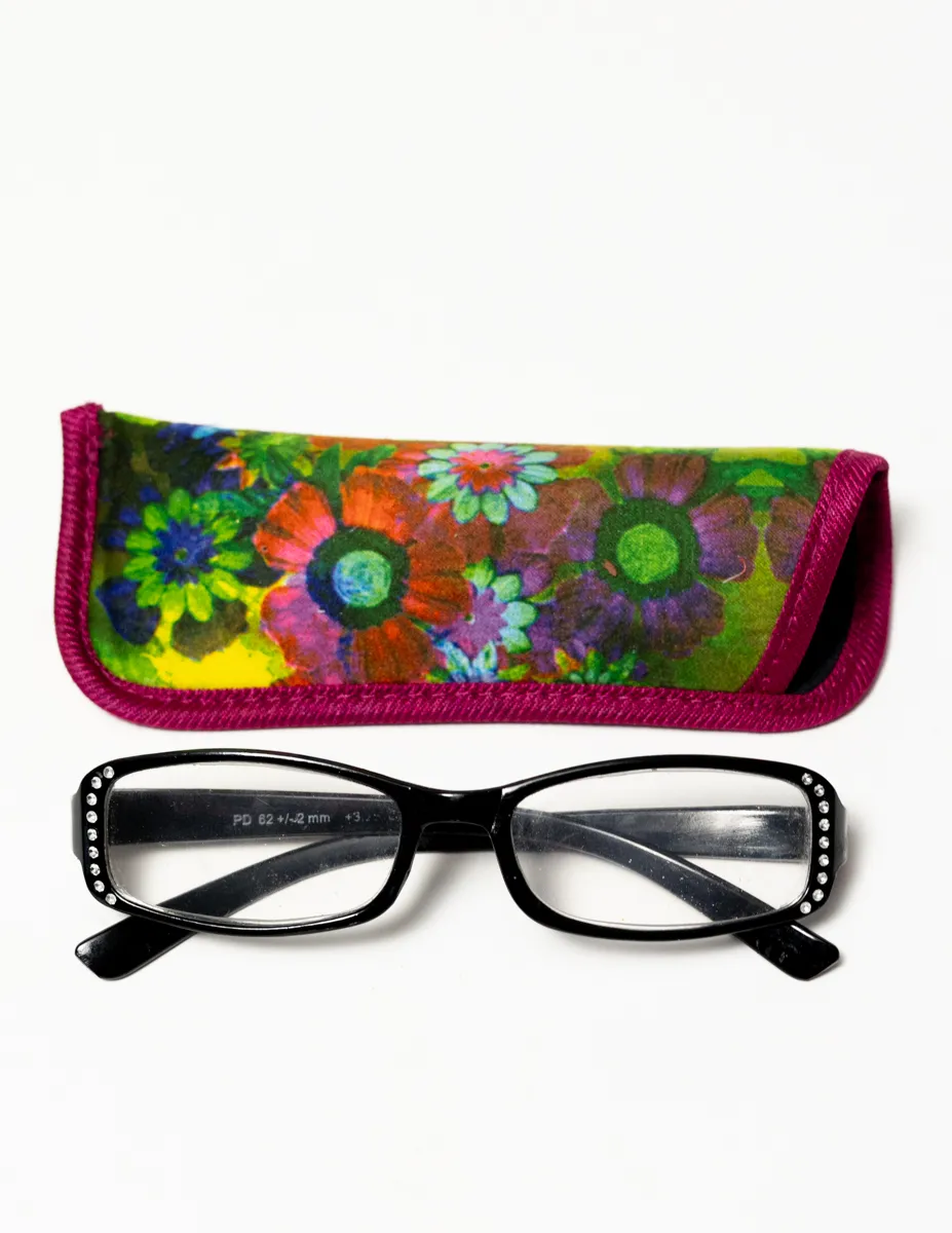 Cute Black Reading Glasses with Rhinestones on the outside edge with a Floral Fabric Glasses Case