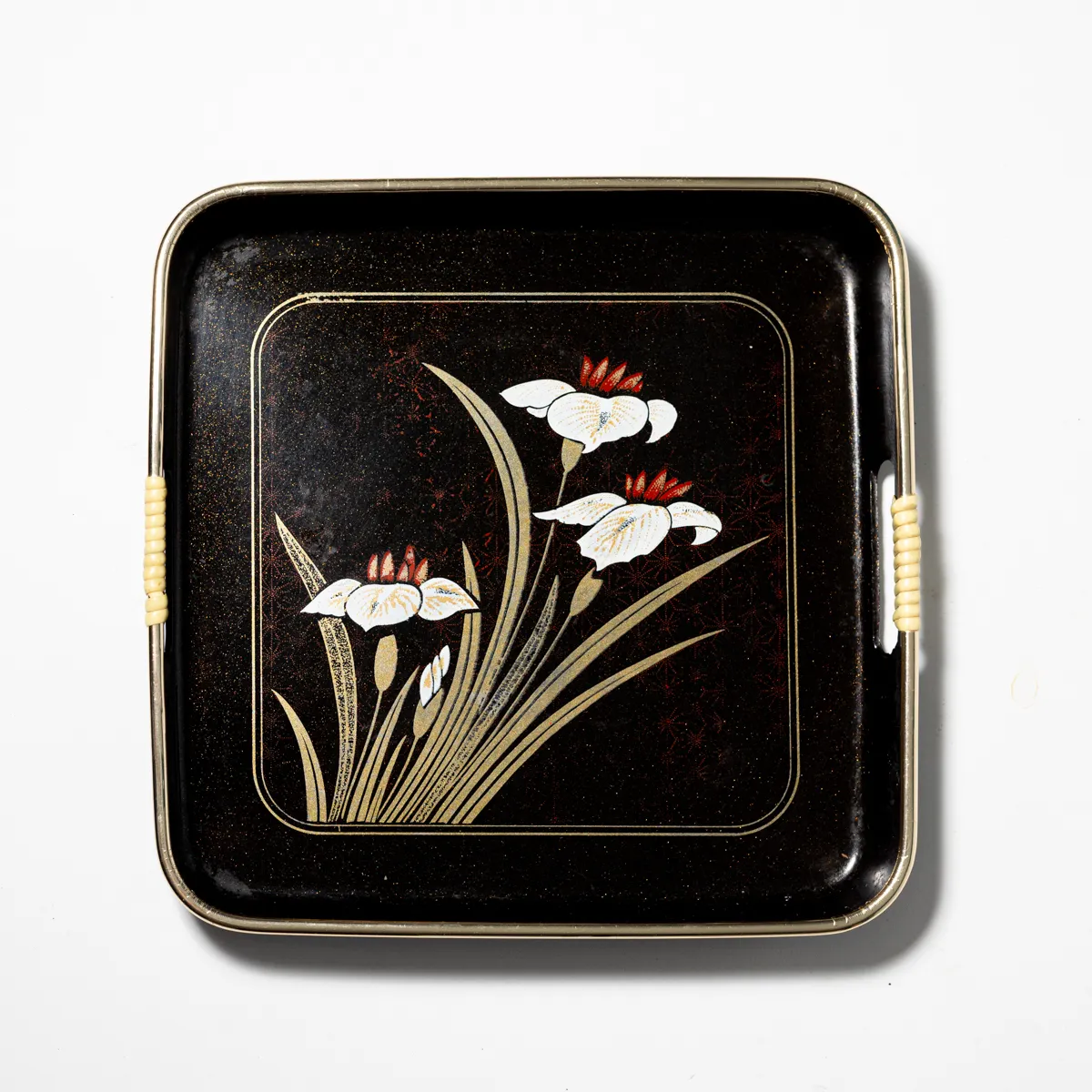 Vintage Plastic Serving Tray Mid Century Floral Flower gold trim