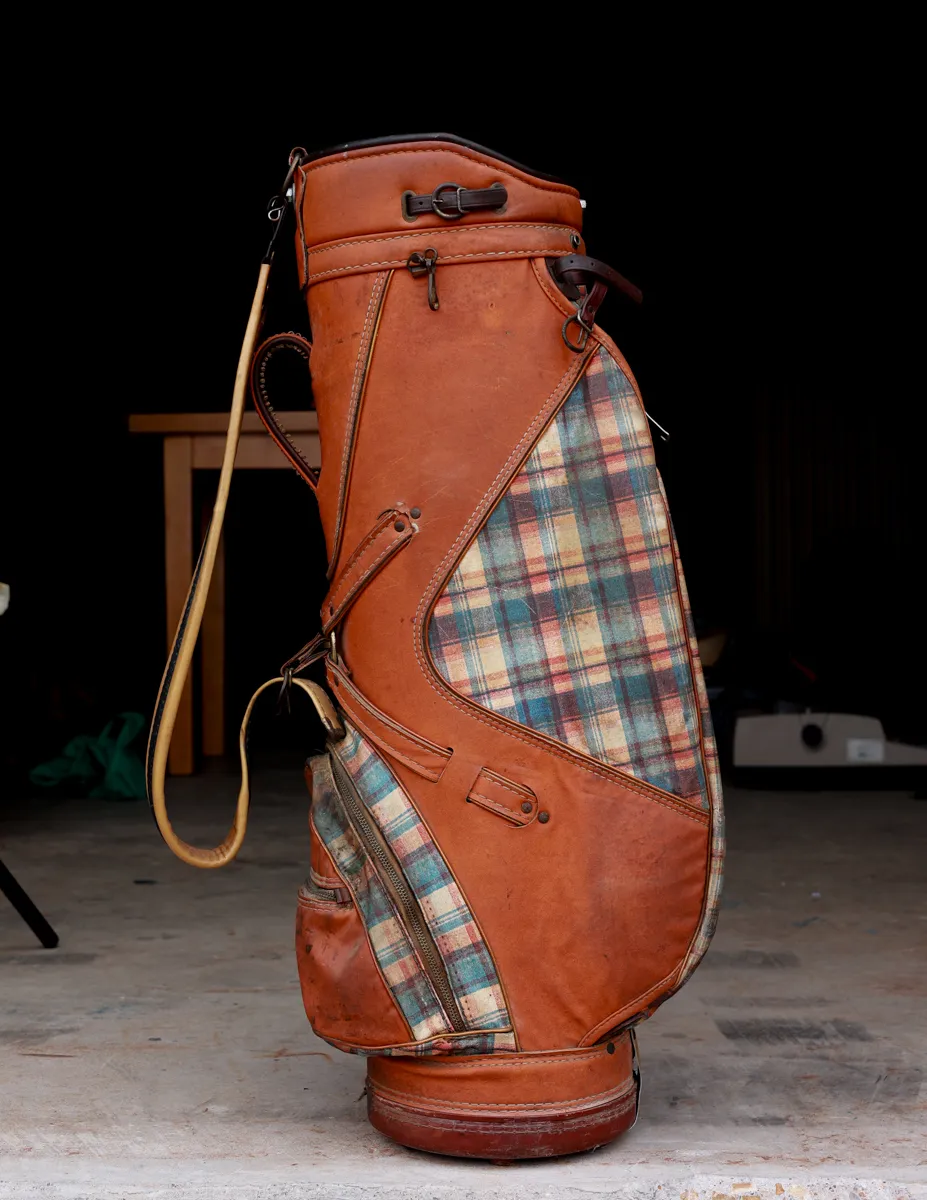 Plaid and Camel Leather vintage golf bag