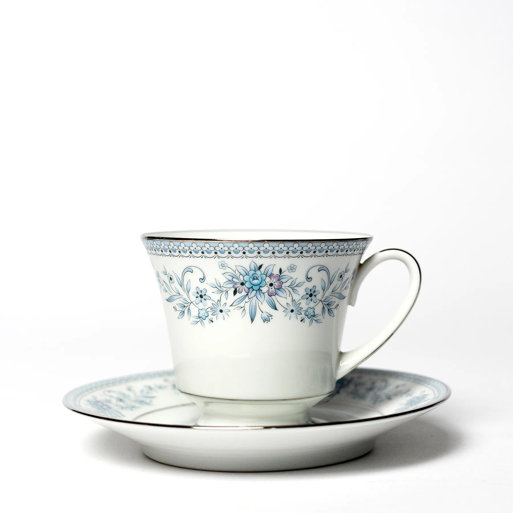 Noritake Plate Blue Hill Pattern Contemporary Blue Hill Pattern Blue flowers with Silver painted Rim Cup and Saucer - saucer 6" cup 3.5" x 3"