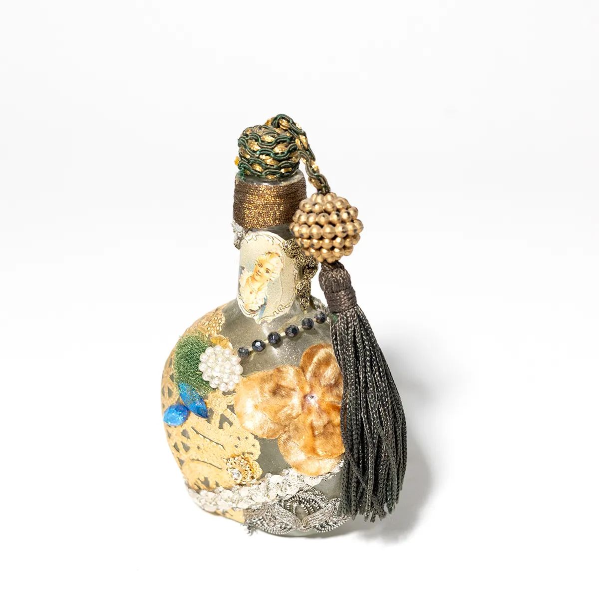 Vintage Decoupage Perfume Bottle with Tassel Empty