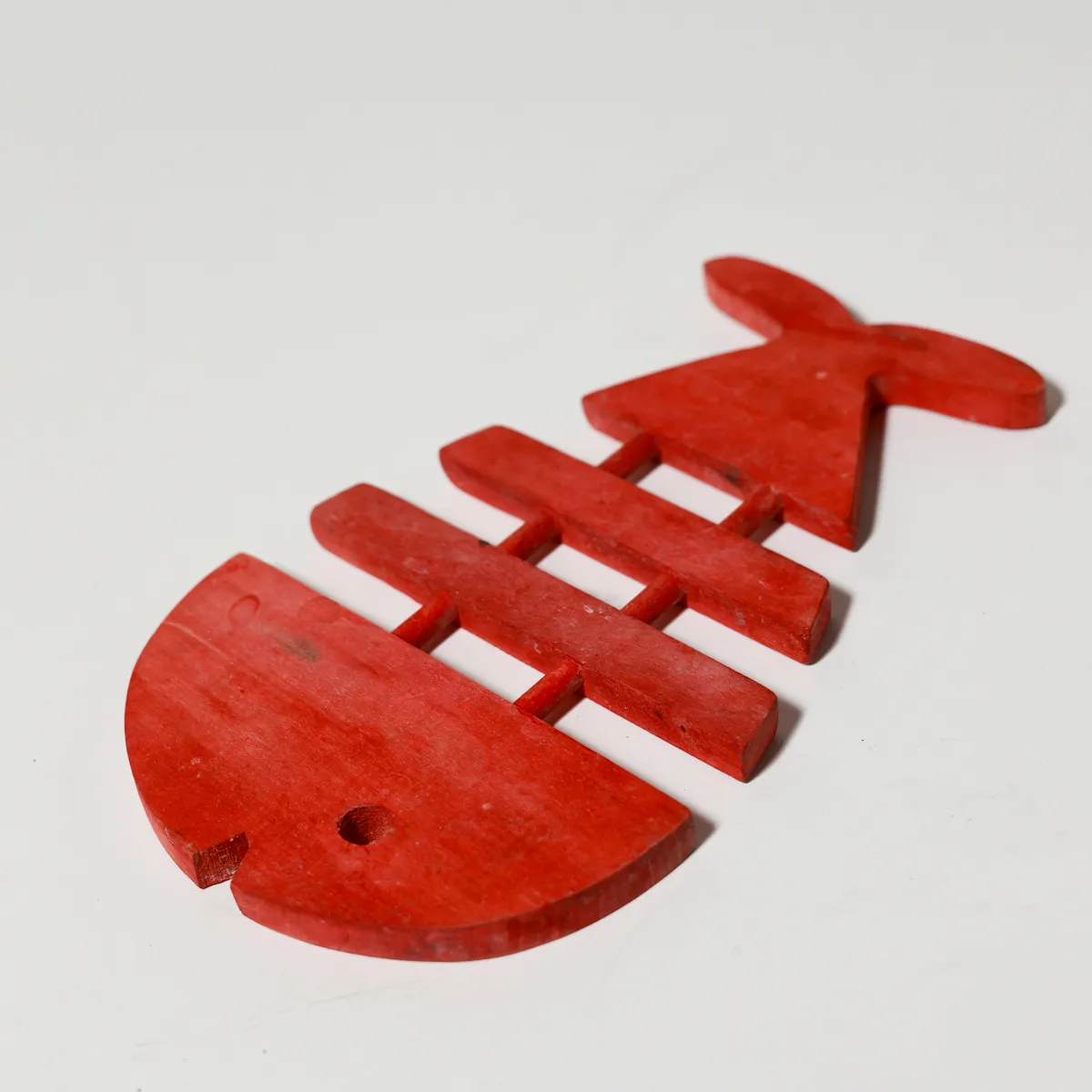 Red Folk Art Wooden Fish Skeleton Trivet Coastal