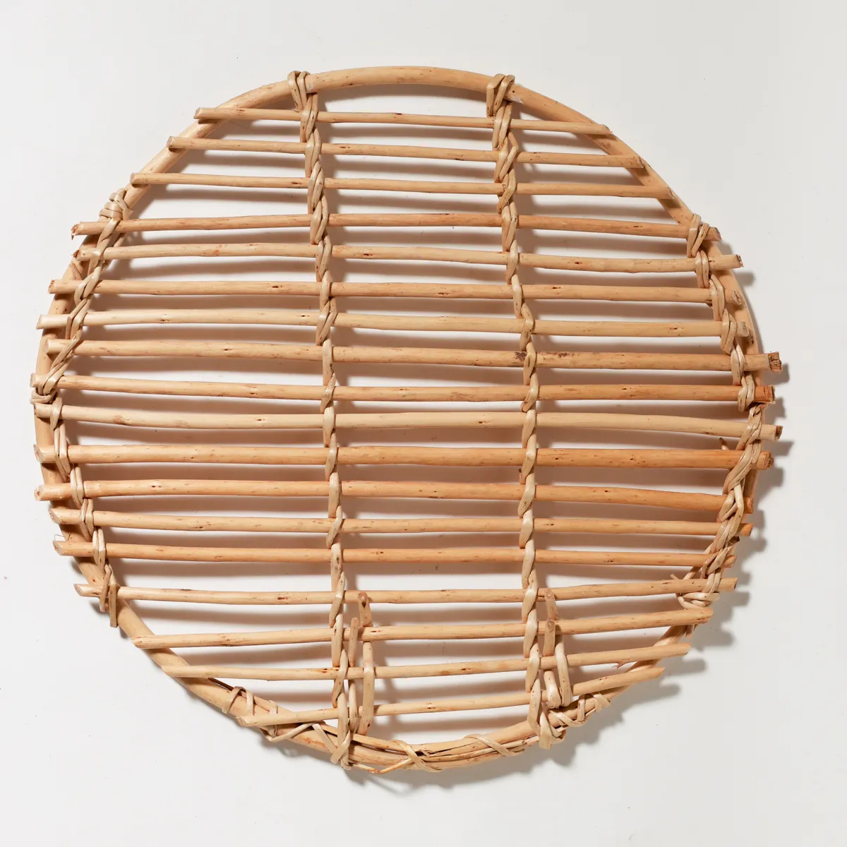 Handwoven Round Bamboo Rattan Trivet Natural Grid