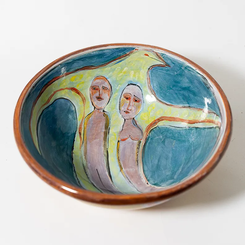 Hand painted Teracotta serving bowl, two humans mail and female - 8.5" x 3.5"