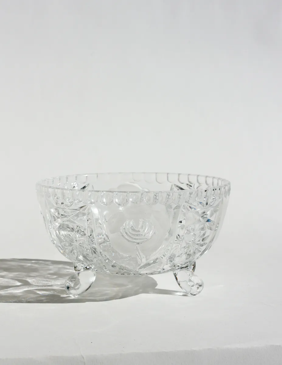VINTAGE SAWTOOTH EDGE FOOTED 9" CRYSTAL CENTERPIECE W/ CUT & FROSTED FLOWERS