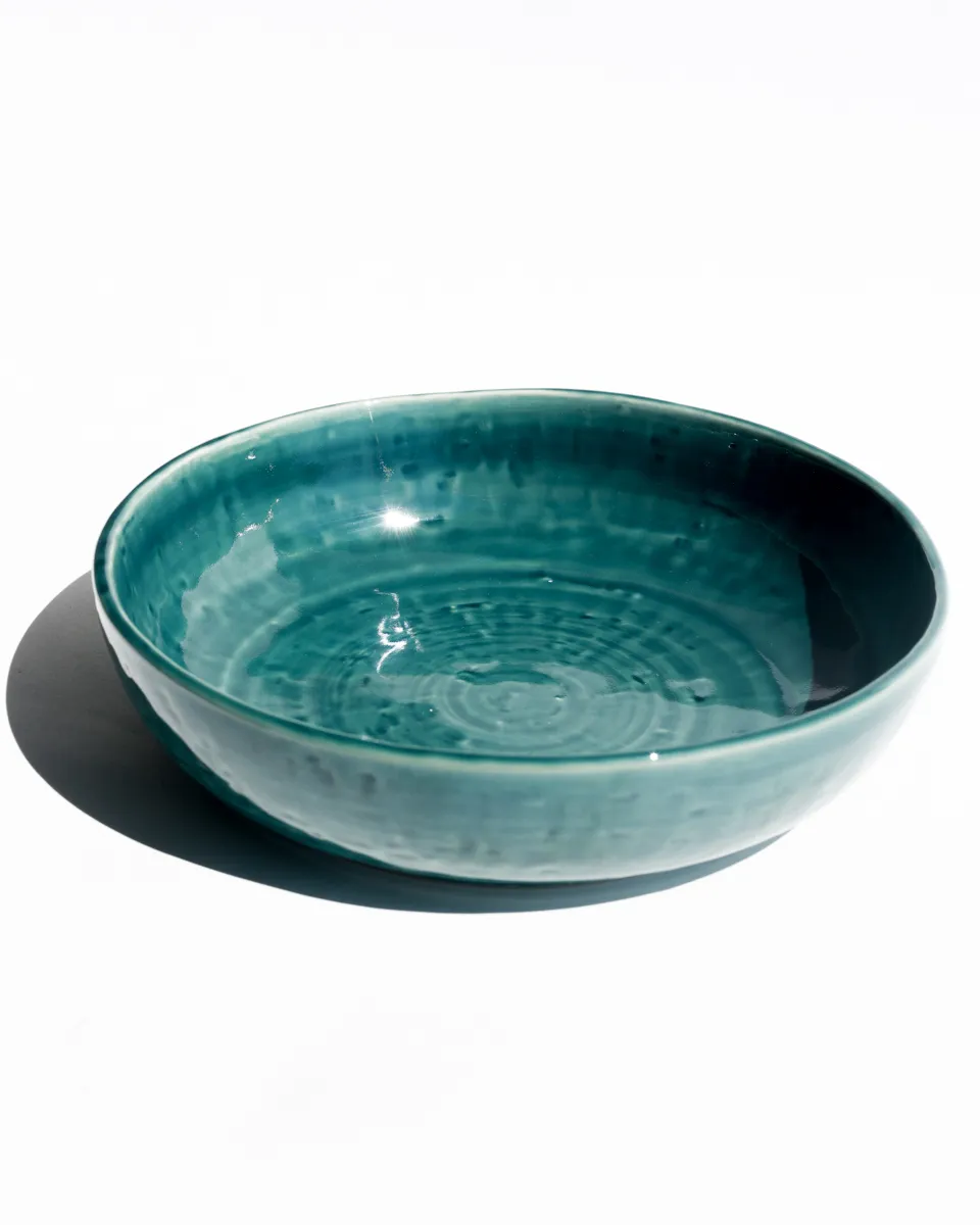 Wide, Shallow Ceramic Bowl with a Reactive Glaze Turquoise Glaze
