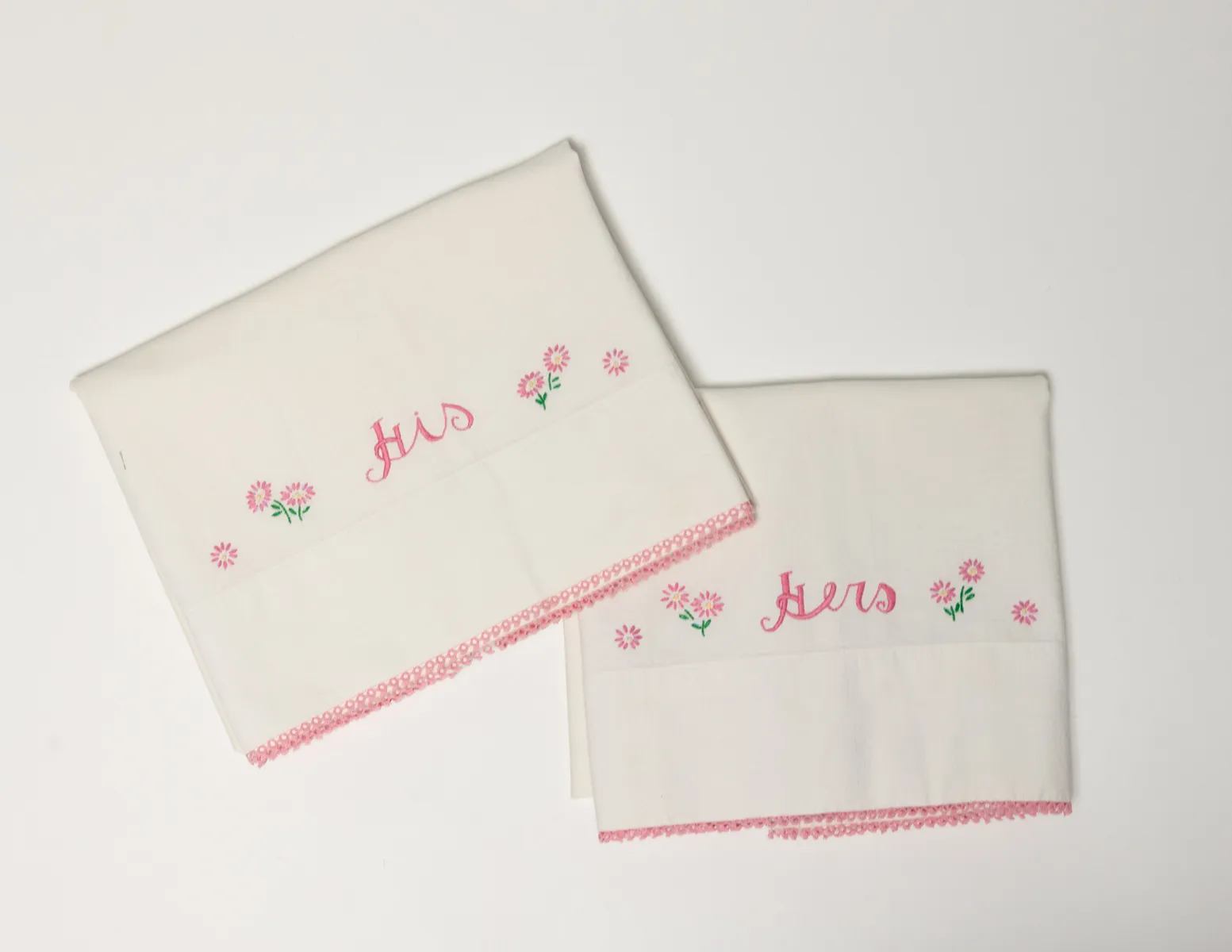 Matching "His" and "Hers" Pillow Cases with Pink Flowers and Delicate Crocheted Trim
