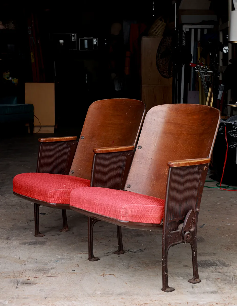 Two Vintage Wood, Metal and Red Fabric Cushioned Folding Theater Seats, Auditorium Seats, Entryway Bench
