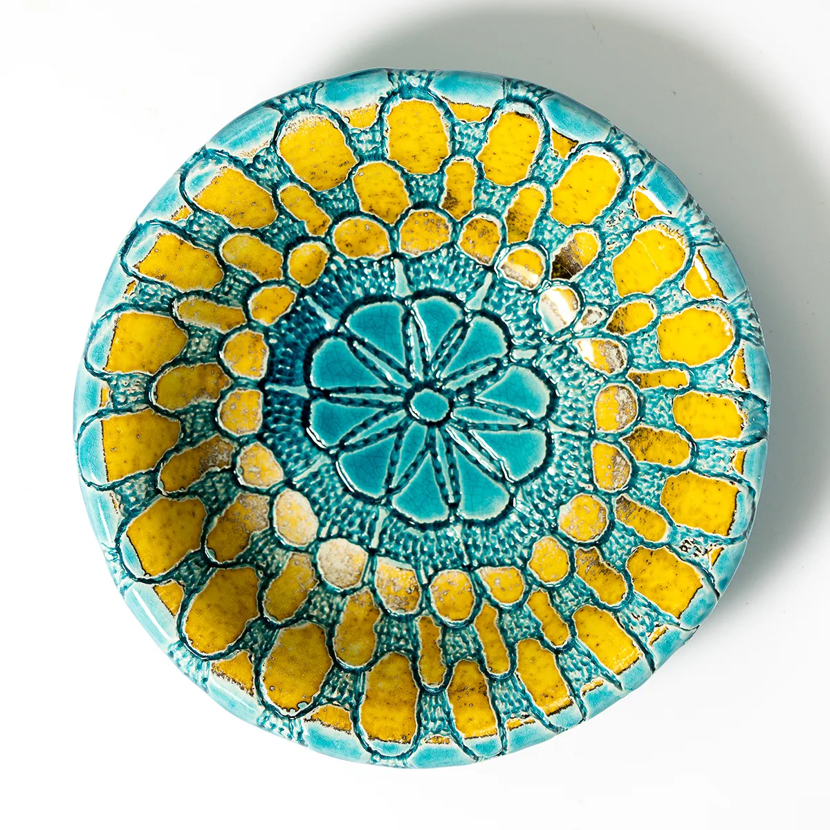 Yellow and Tourquoise Egyptian Blue hand made pottery bowl Nunes Portugal - 7.5" x 2"