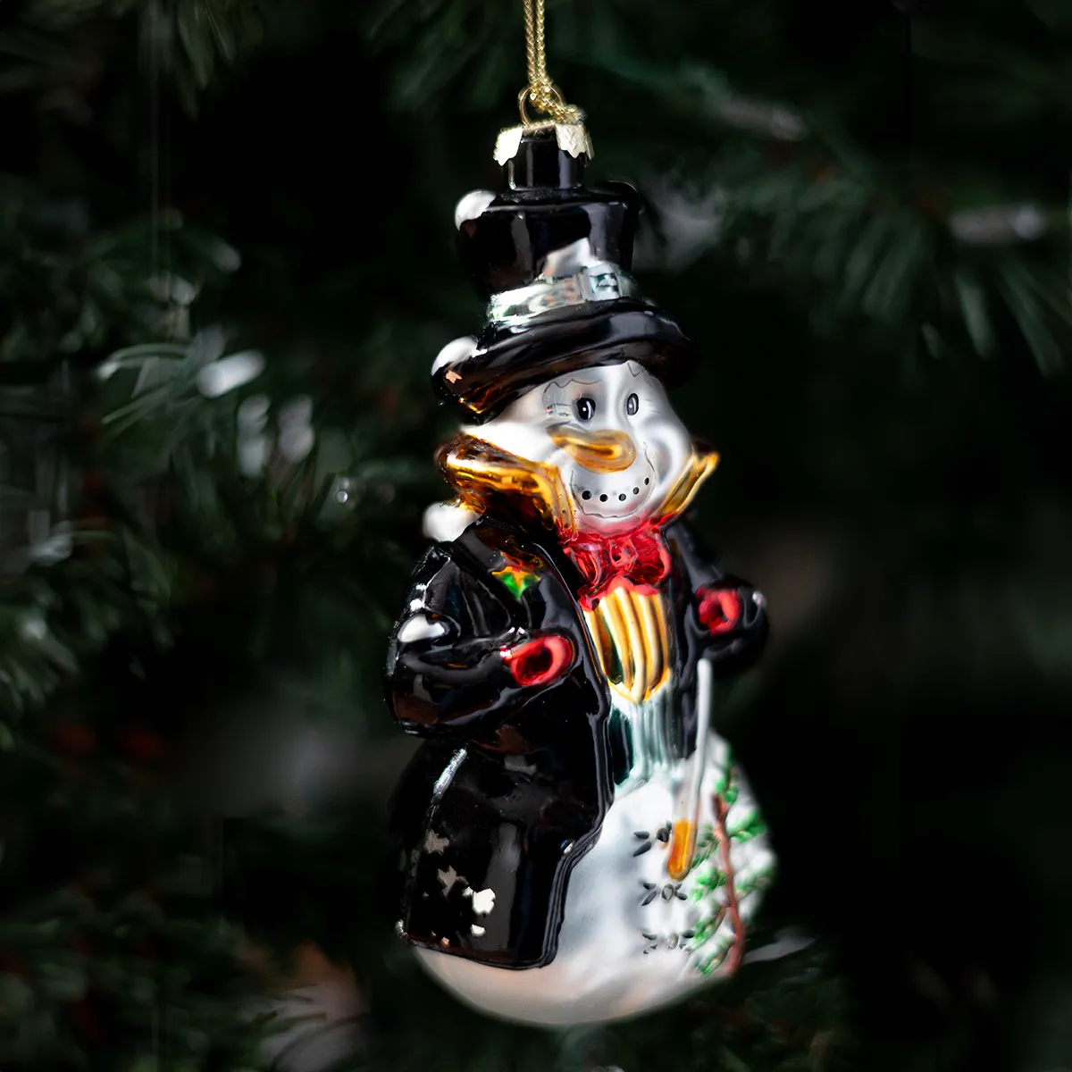 Vintage Top Hat Snowman Ornament Hand Blown Glass Gold Shirt with collar and black trench coat with small tree
