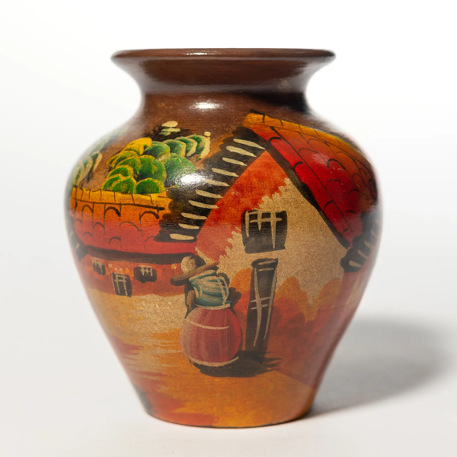 Peruvian Contemporary Hand Painted Vase Thrown Ceramic Pottery, Green, Women on a Street - 4" x 3.5"