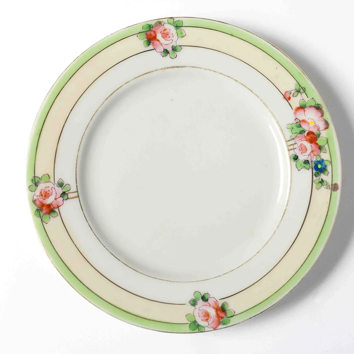 Kitchen Fine China: Single Plate wiht pink and green flowers and Green, Yellow, Gold Banding, striped edge. handles Salad Plate Asian