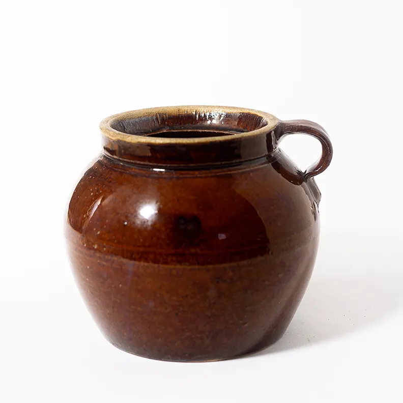 19th Century Bean Pot Antique Brown Pottery Jug - 6" x 7.5"