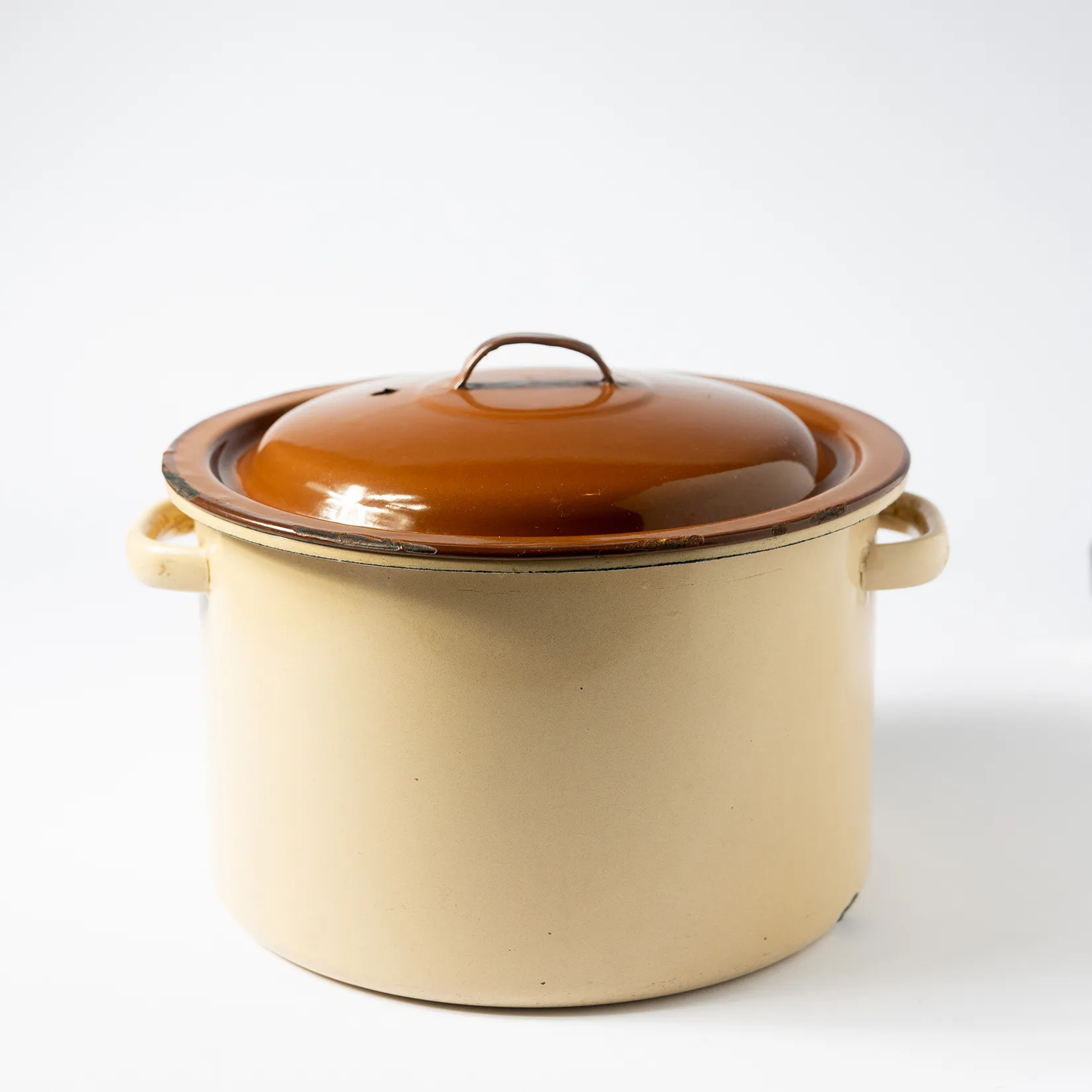 Kitchen Pots and Pans: Yellow and Brown Enameled Stock Pot Tamale Dutch Oven Enamelware- 6" x 8.75"