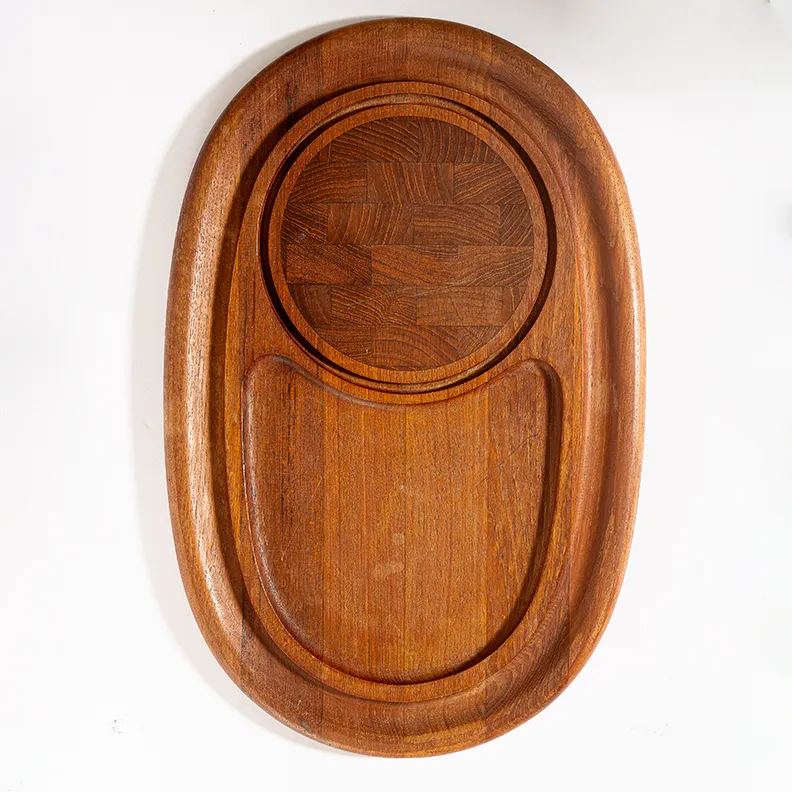 Vintage Dansk Danish Modern Staved Teak Round Wood Cutting Board Cracker Tray Serving Platter - 17" x 11"