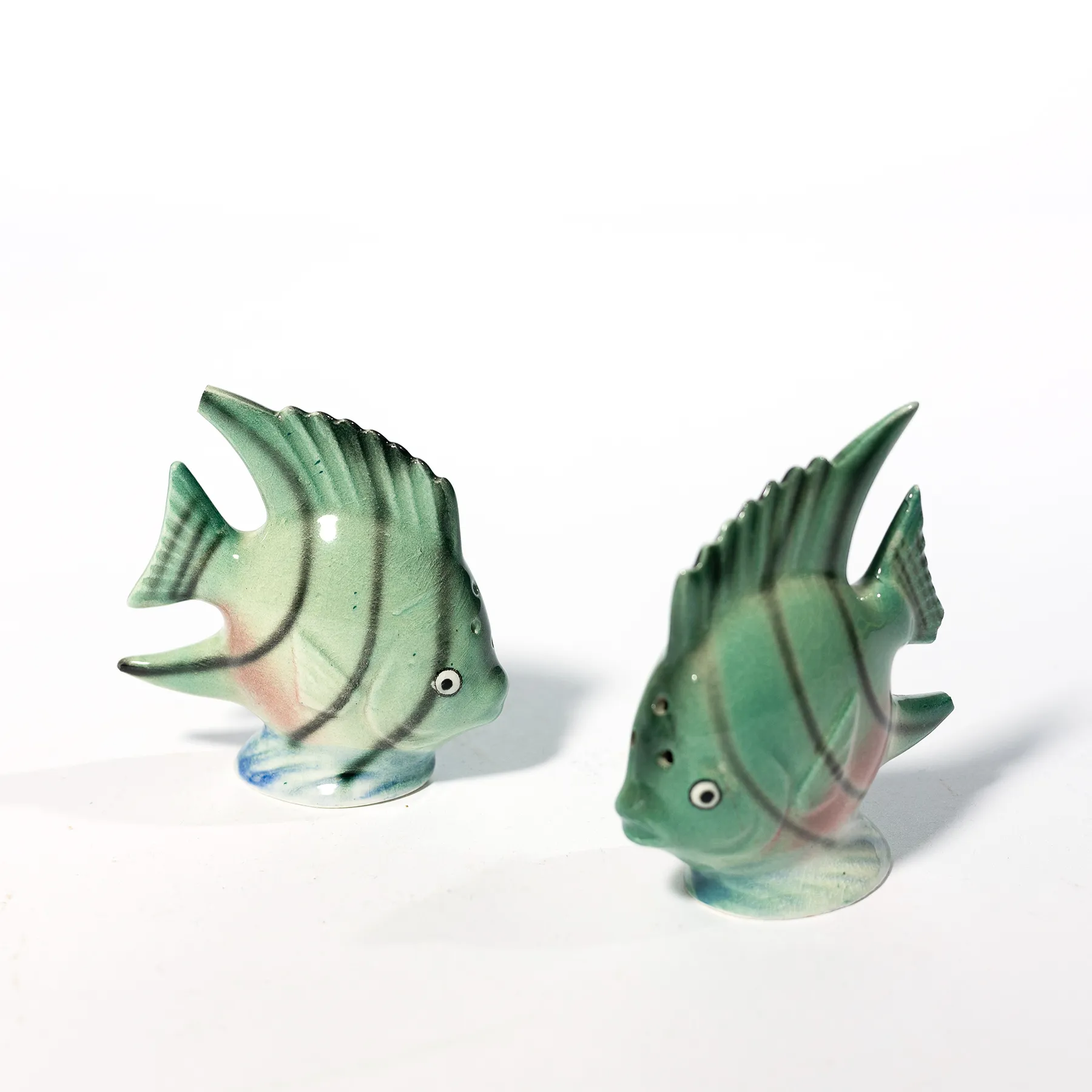 Blue-Green Porcelain Angel Fish Ceramic Salt and Pepper, Vintage. Striped - 3" x 2.75"
