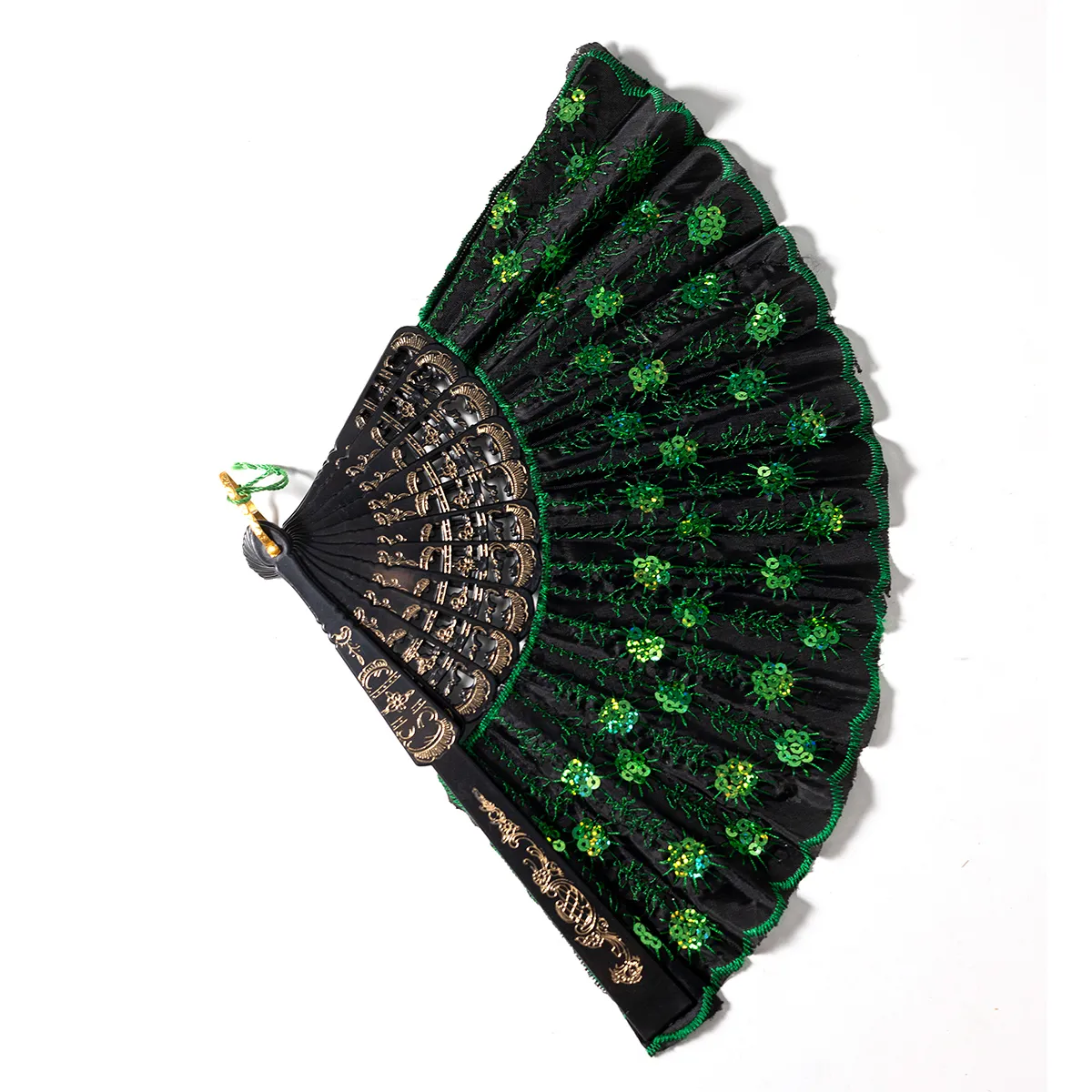 Green and Black Asian Personal Hand Fan