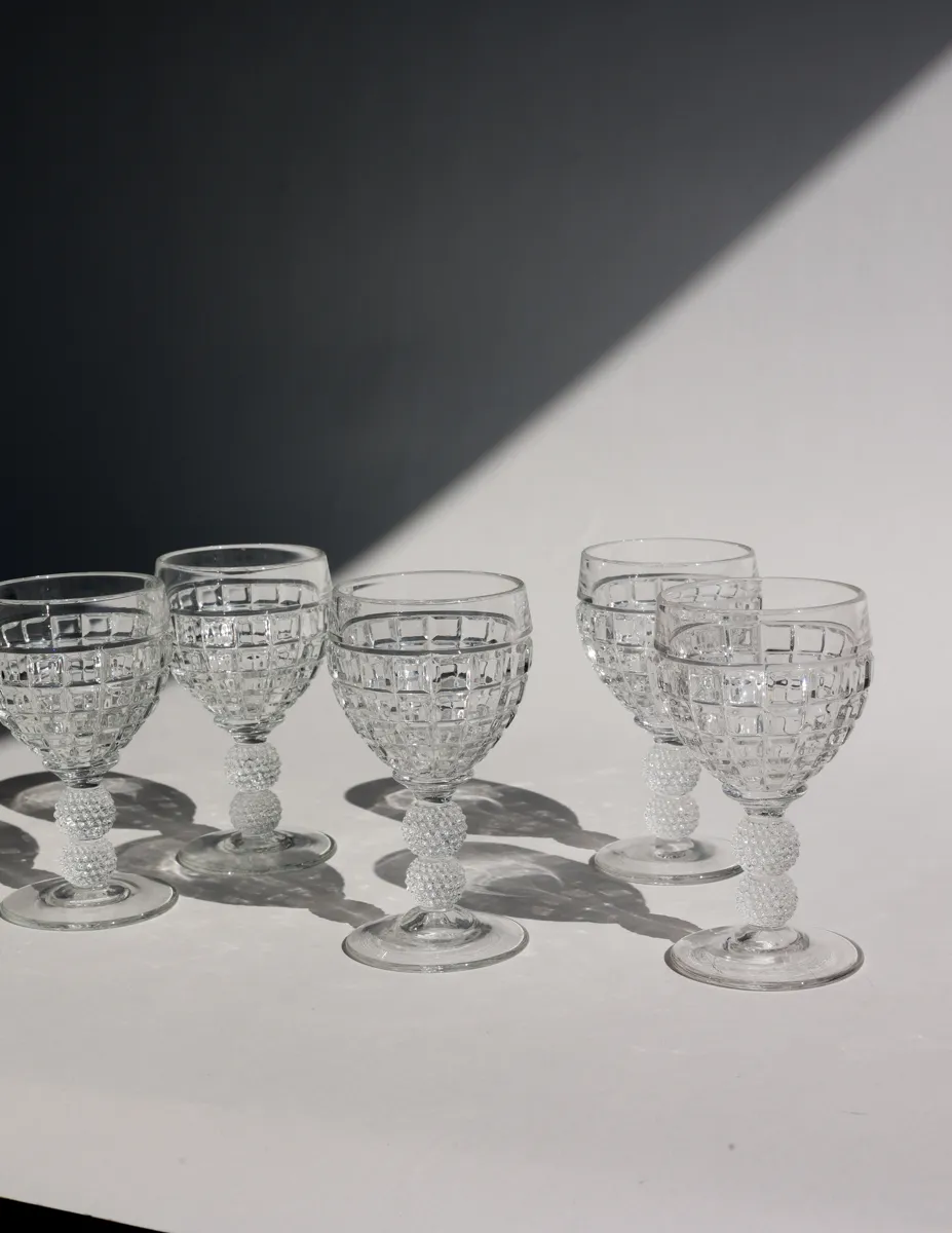 Vintage Glass Water Goblets by Heisey with Victorian Block Pattern, Double Ball Stem