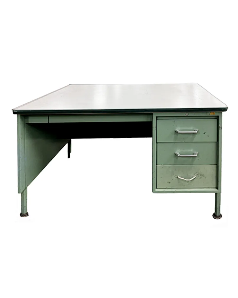 Olive Green Metal Tanker Desk with Three 3 Drawers and White Formica Top