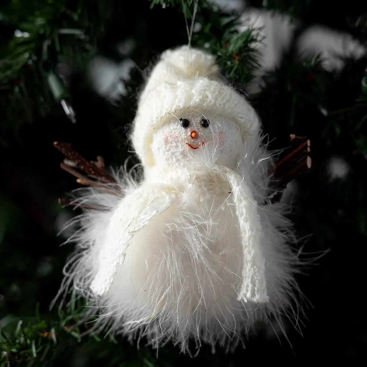 Foam Furry, Hairy, Featury Bright White Snowman with sticks for arms. and a white knit scarf and hat.