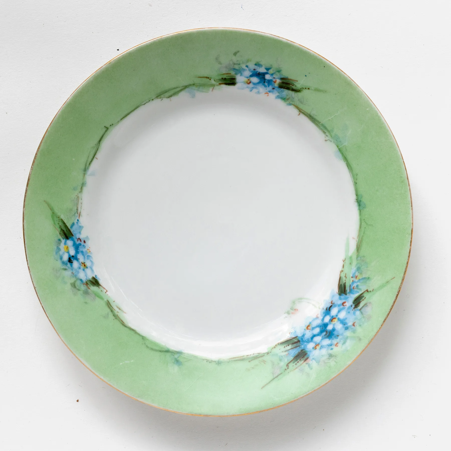 China Dessert Plate Green Rim with Blue Flowers 