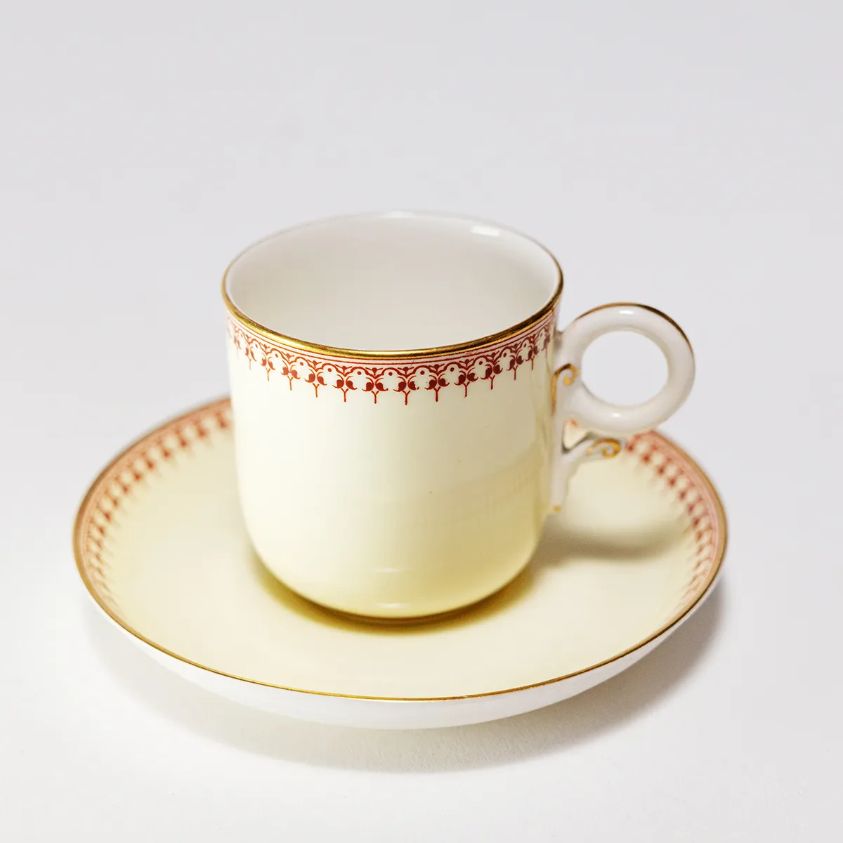 Antique Royal Worcester Demitasse Small English Cup and Saucer delicate hand painted red flowers and gold trim