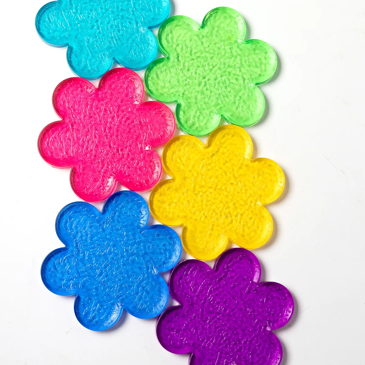 Resin Cast Flower Shaped Translucent coasters Set of 6 colorful Purple, Blue, Turquoise, Green, Yellow, Pink - Rainbow Coasters