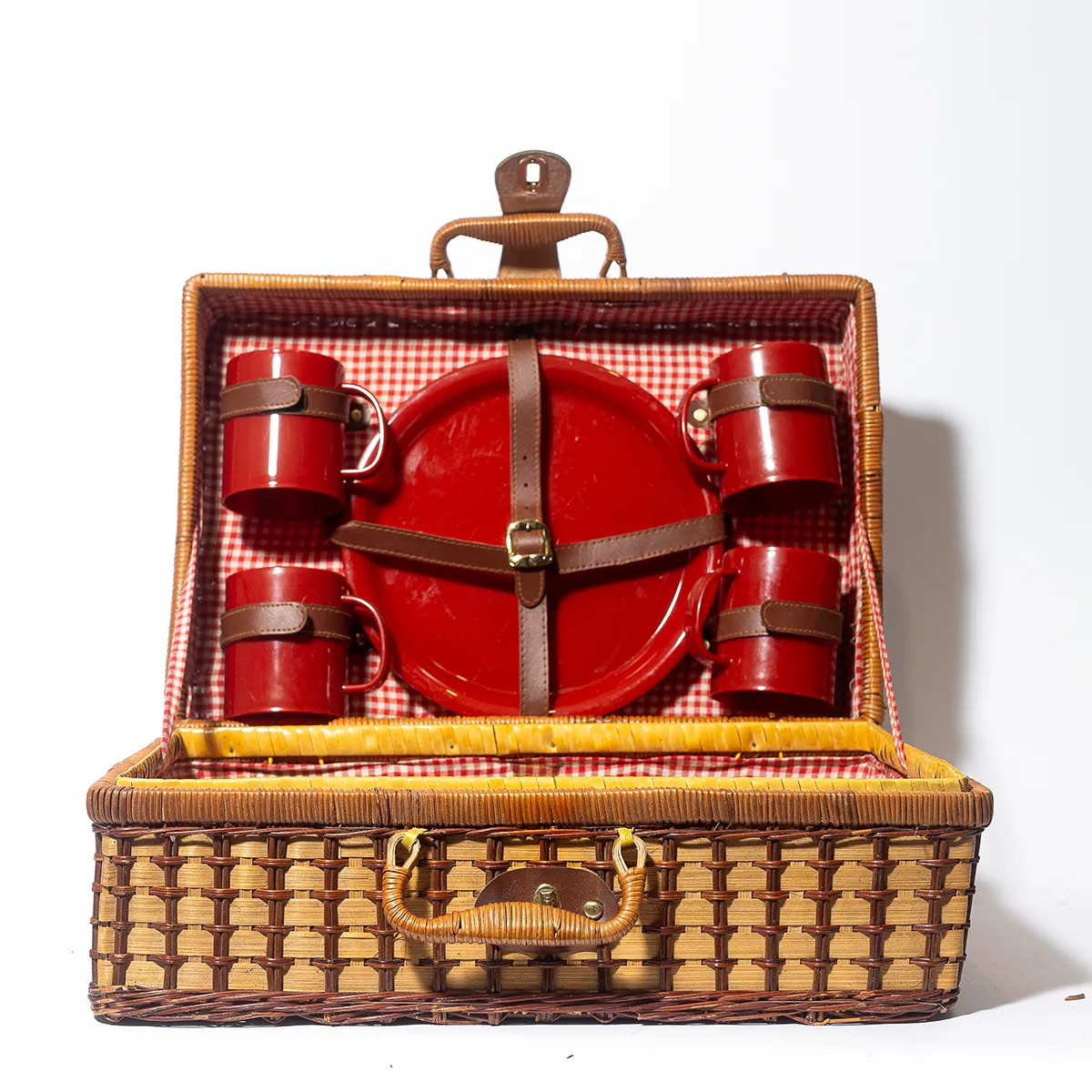 Vintage English Style Beige and Brown wicker Picnic basket suitcase with red and white gingham and 4 red plastic plates and cups - 18" x 12" x 7.5"