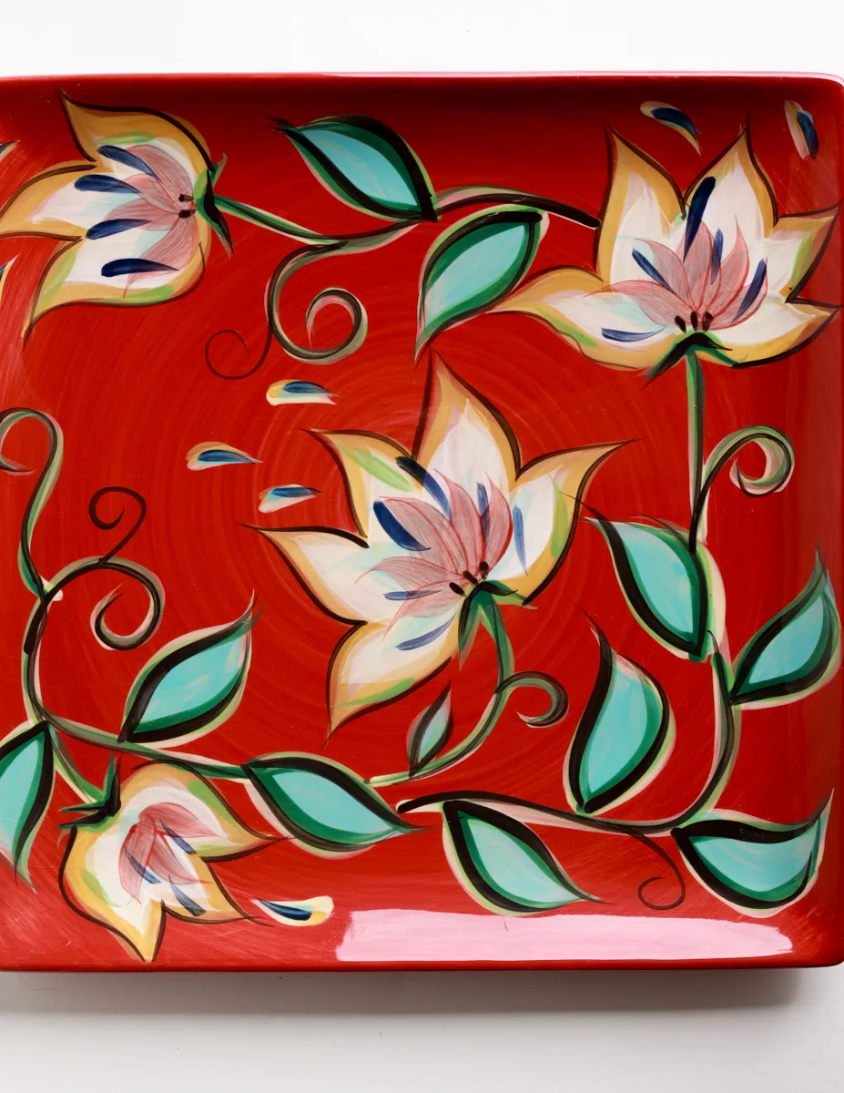 Gail Pittman Red Bountiful Floral Square Serving Tray