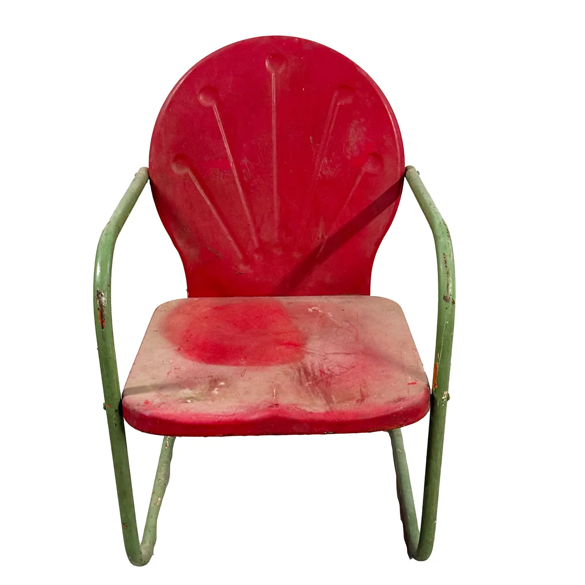Vintage Metal Lawn Chair, Clam Shell Metal Lawn Chair, with a Weathered Red Finish and Green Arms