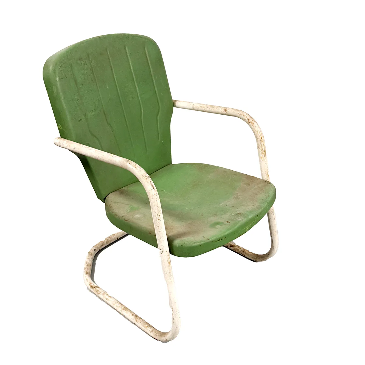 Vintage Metal Lawn Chair, Clam Shell Metal Lawn Chair, with a Weathered Green Finish and White Arms