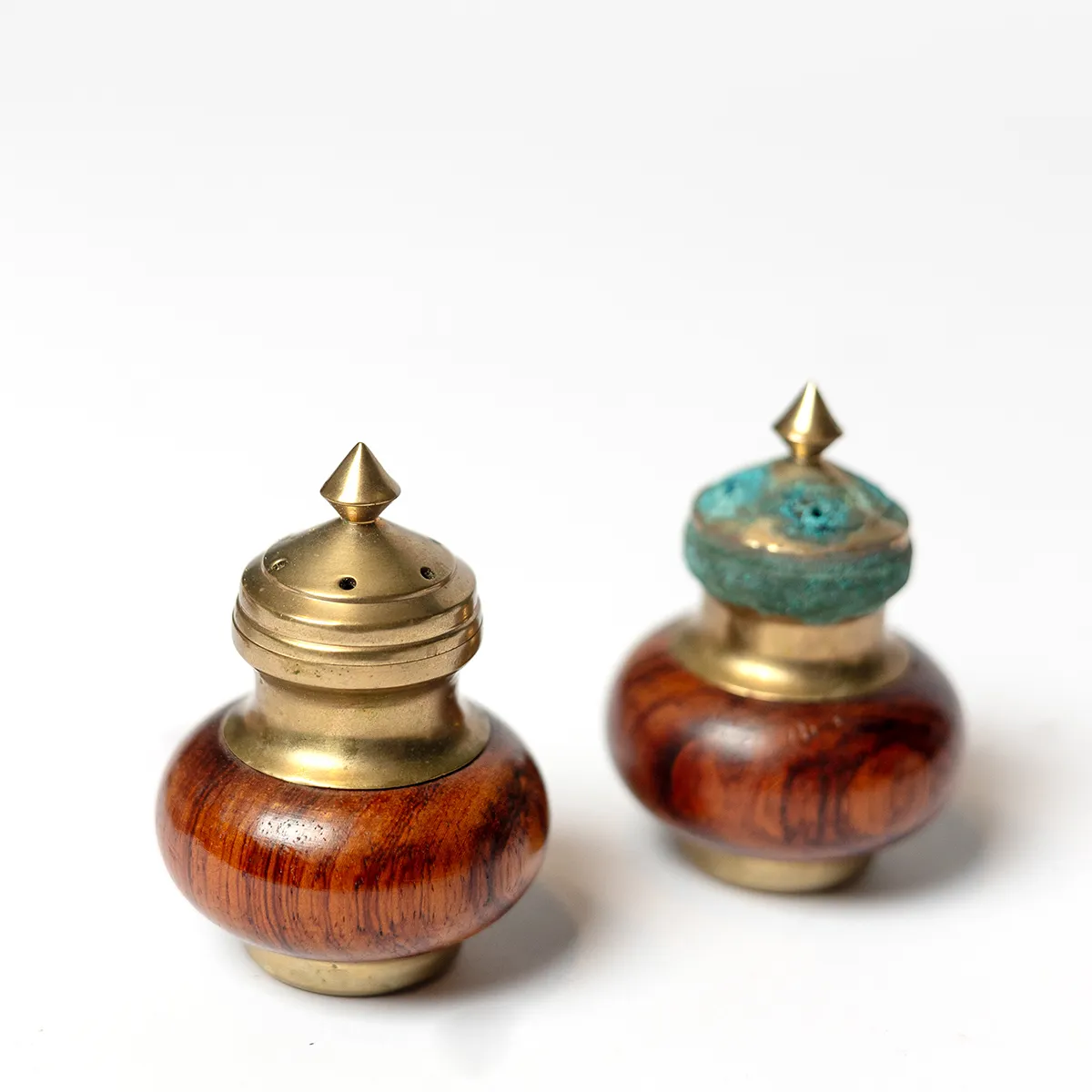 Mid Century MCM Thai Bronze and Teak Silverware Salt and Pepper Shakers Set