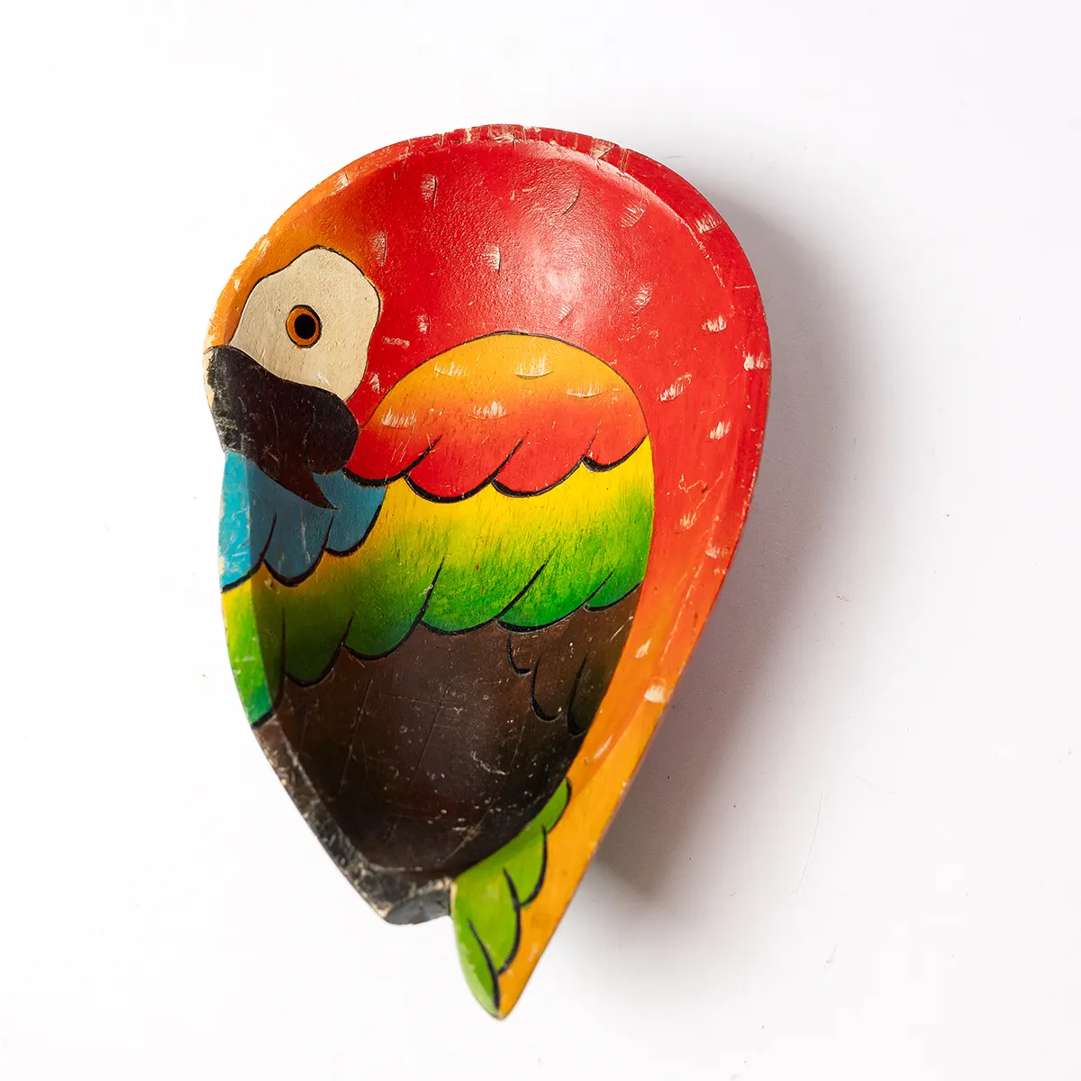 Hand Carved Wooden Bowl with a colorful parrot painted in it