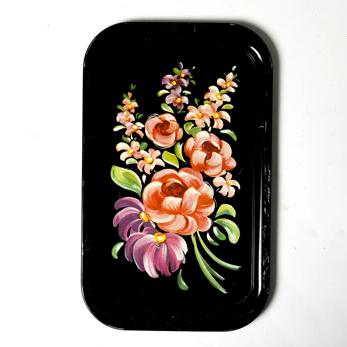 Metal Tray, Hand Painted Black with Pink Flowers