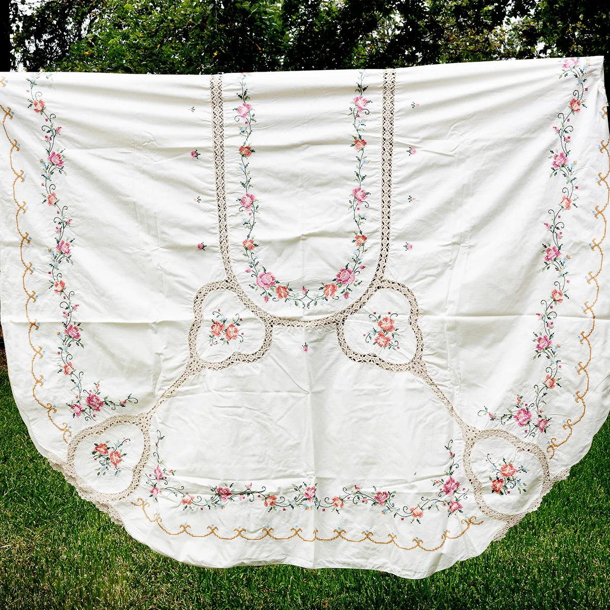 Banquet Sampler Hand Cross Stitch and Hand Crocheted Lace Tablecloth