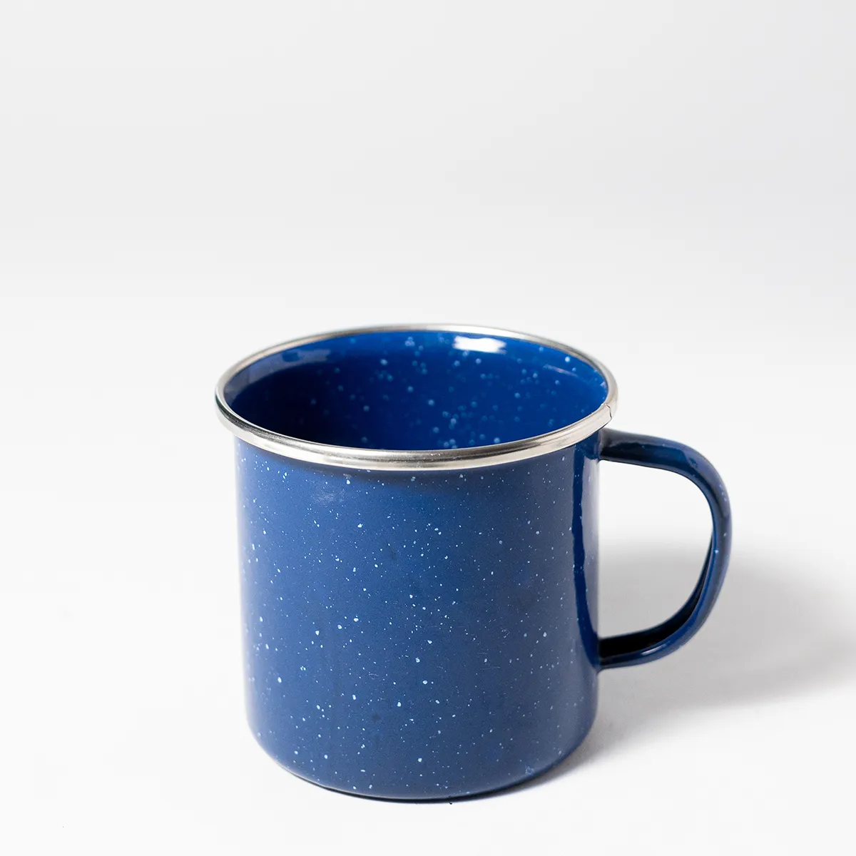 Classic Enamelware Blue Coffee Mug with Silver rim. 