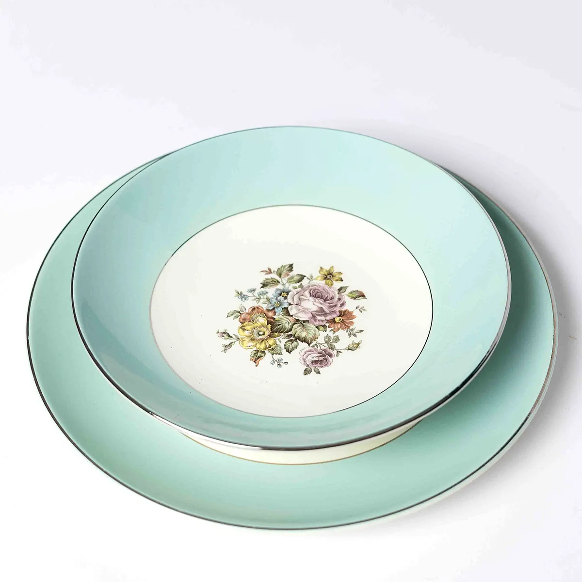 Fine China: Soup Bowl - Sketched Pink, Yellow and Green Flower Pattern in the middle on off White with a wide Tiffany Blue Robins Eggs Blue Band around the outside - 5.25" x 1.5"