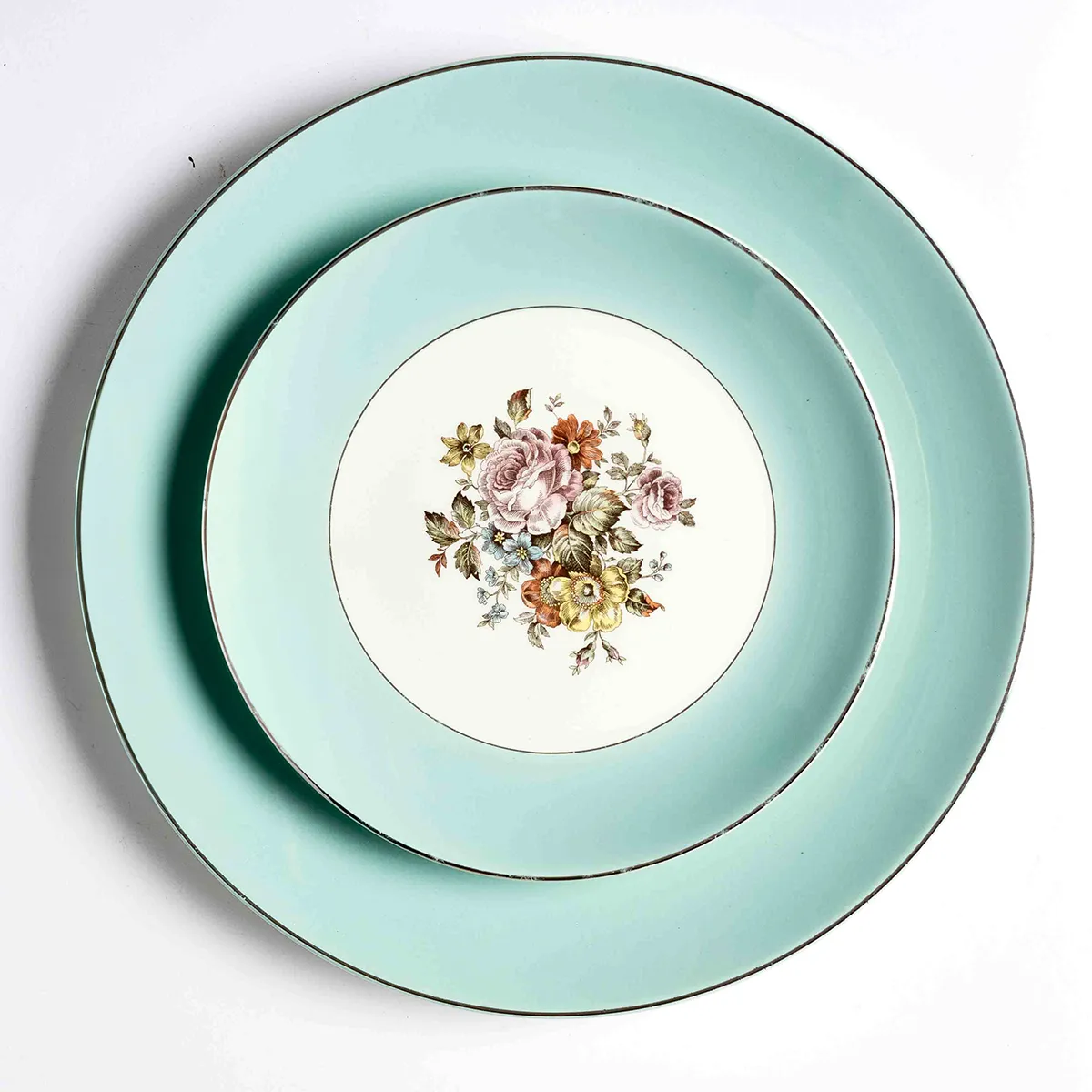 Dining Fine China: Bread and Butter Plate - Sketched Pink, Yellow and Green Flower Pattern in the middle on off White with a wide Tiffany Blue Robins Eggs Blue Band around the outside - 7.25"