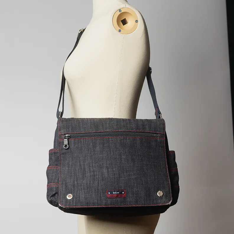 Dark Denim red thread messenger shoulder bag - 12" x 10"