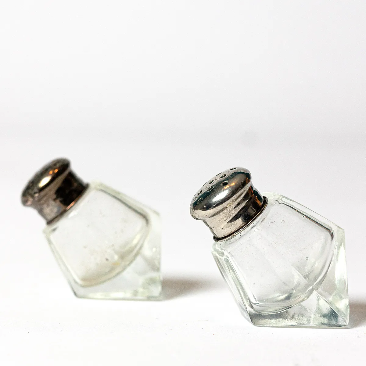 Tiny Clear Glass and Chrome Octagon Shaped Salt and Pepper Shakers