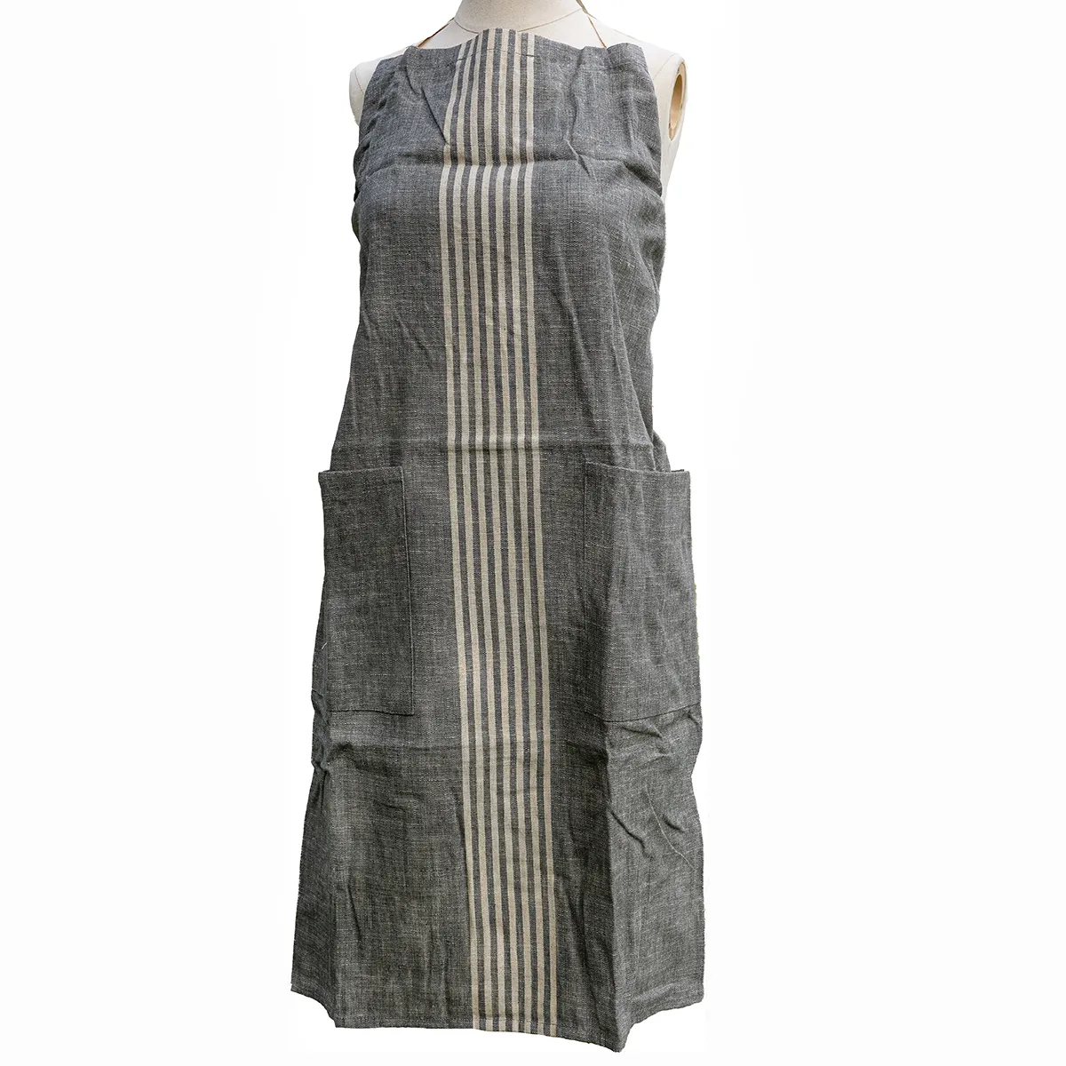 Masculine gray woven apron with cream stripes running down the center